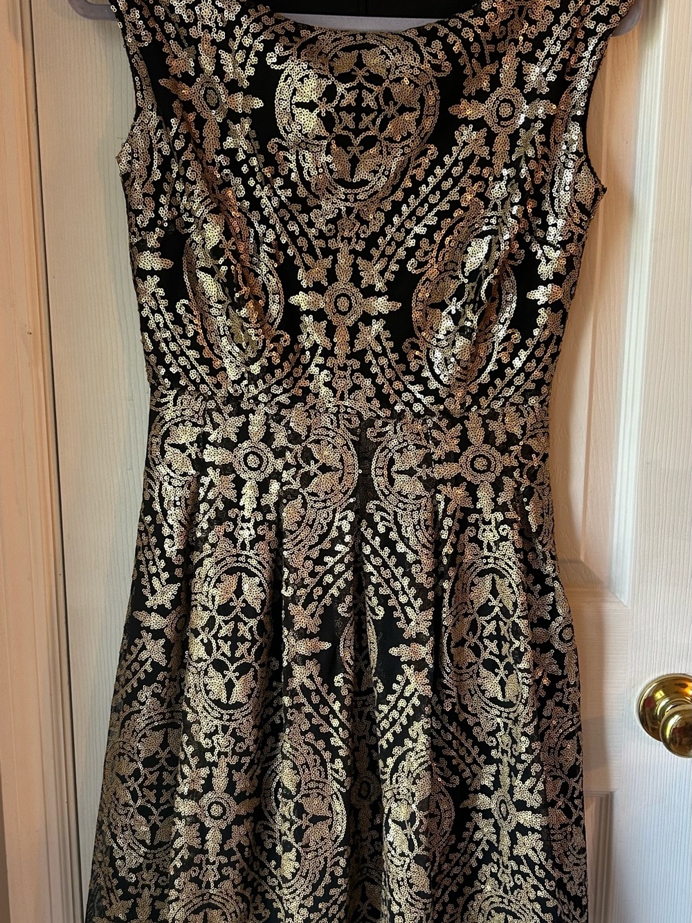Eva Mendes for New York & Co Black and Gold Metallic Fit-and-Flare Midi Dress